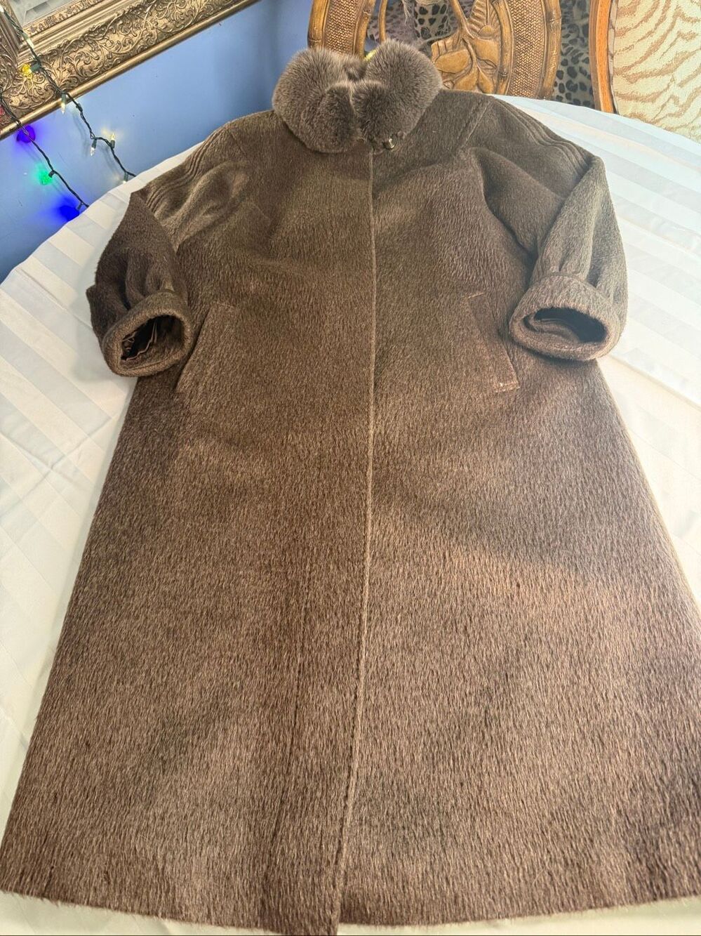Hensel & Mortensen Vintage Llama Hair Long Coat Fur Collar Brown Women’s L Flaws - Picture 3 of 16